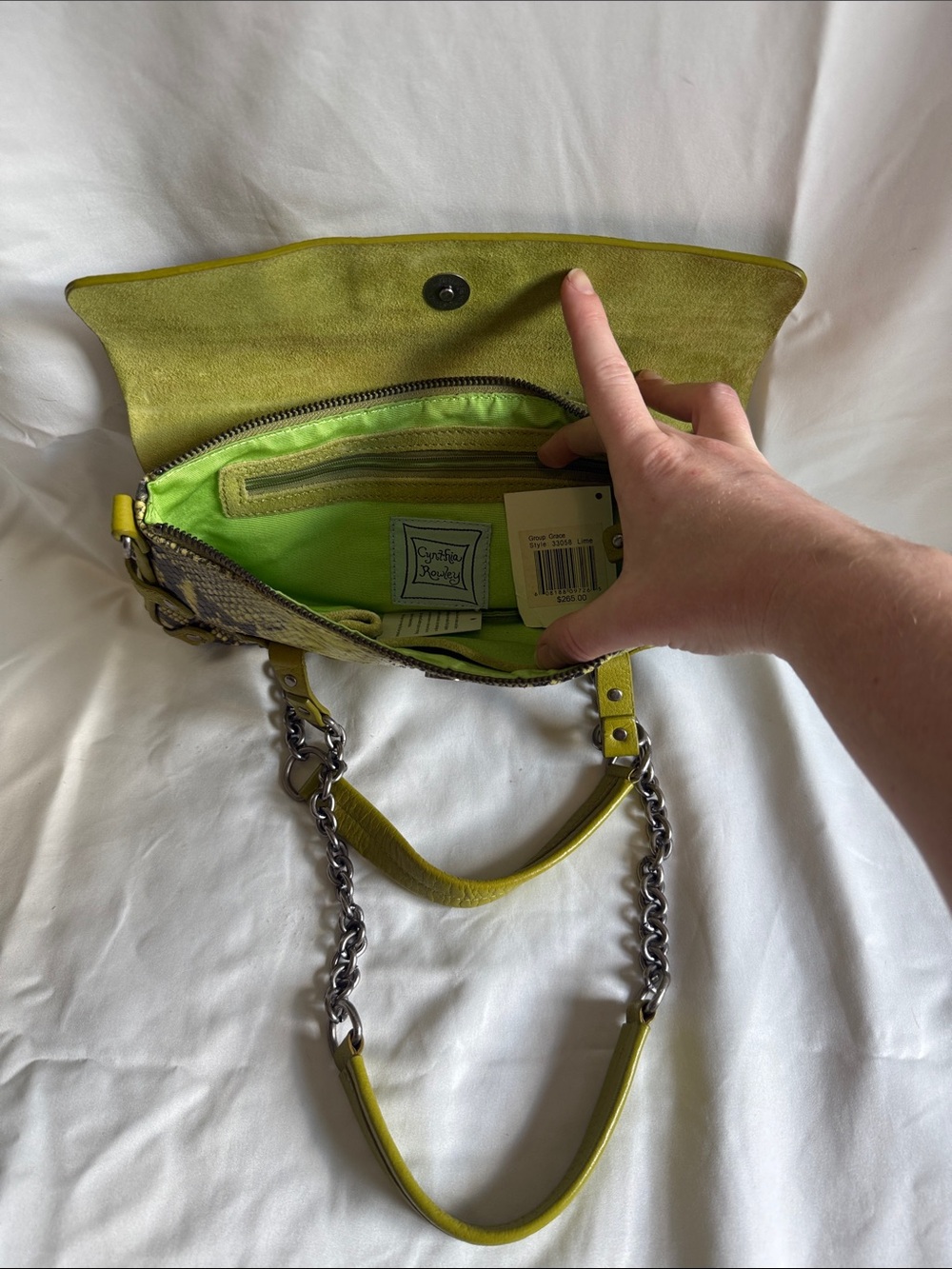 Vintage Cynthia Rowley Yellow Snake-Print Leather and Chain Shoulder Bag - Picture 3 of 6